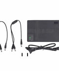 Compact 10400mAh UPS Battery Backup With 36W Output, includes power connections and cables for routers and cameras.