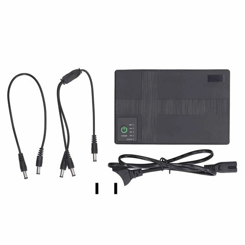 Compact 10400mAh UPS Battery Backup With 36W Output, includes power connections and cables for routers and cameras.