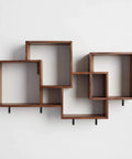 Wooden geometric wall shelf with multiple box compartments mounted with Heavy Duty Black Steel L Shelf Brackets Set 8 Pieces 5x3 Inch.