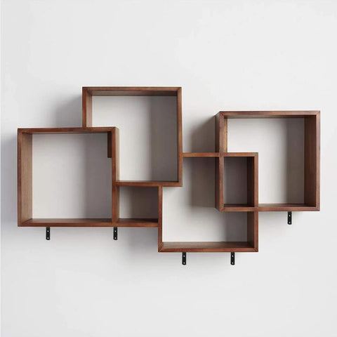 Wooden geometric wall shelf with multiple box compartments mounted with Heavy Duty Black Steel L Shelf Brackets Set 8 Pieces 5x3 Inch.