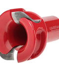 Close-up of red Tenon Cutter for Log Furniture, One and a Half Inch Diameter, Radius Shoulder, Dual Blades, Powder Coated Aluminum Body.