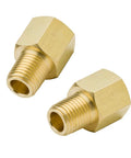 Pair of brass 1/4 inch NPT female-to-male pipe adapters with hex ends