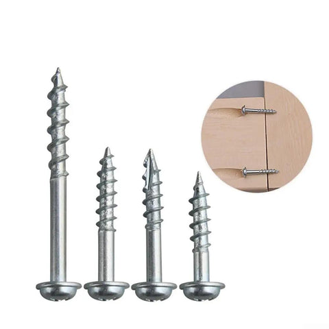 Coarse Thread Pocket Hole Screws 100Pcs Set, 38mm zinc-coated self-tapping fasteners with inset showing joint usage