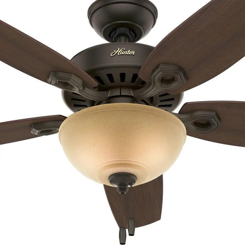 Top Tier 52 Inch Indoor Ceiling Fan With Bright Integrated Led Lighting And Easy Pull Chain Setup For Reliable Airflow and Sweet Modern Bedroom Refresh close-up view of bronze casing and LED light.