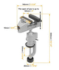 Universal Table Vise 3 Inch With 360 Degree Swivel Base, Heavy Duty Aluminum Bench Clamp with dimensions shown