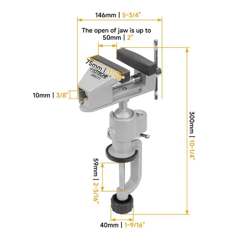 Universal Table Vise 3 Inch With 360 Degree Swivel Base, Heavy Duty Aluminum Bench Clamp with dimensions shown