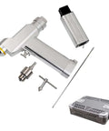 Heavy Duty Veterinary Bone Drill Machine Featuring Rechargeable NiMH Battery and dual speed control components laid out.