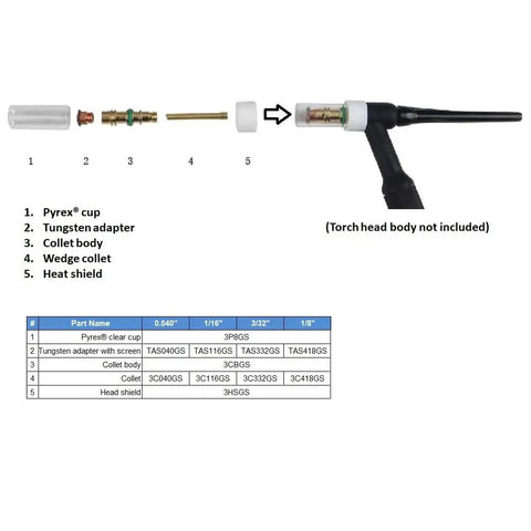 3-Series Front-End TIG Welding Starter Kit With 1/8 Inch Tungsten Electrode And Long Push-On Clear Cup For TIG Torch 17 18 26 Style Pack Of 1, Gas-Saver Compatible Front End Assembly components display