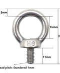 Five Piece M6 Eye Bolts Set, Stainless Steel 304 Ring Eye Bolts With Shoulder Lifting, 16 mm Ring Inner Diameter, diagram view