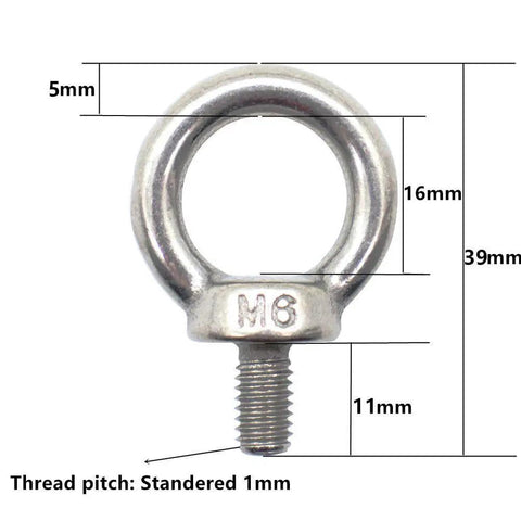 Five Piece M6 Eye Bolts Set, Stainless Steel 304 Ring Eye Bolts With Shoulder Lifting, 16 mm Ring Inner Diameter, diagram view