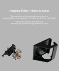 Kickass Motorized Sliding Barn Door Hardware Kit Featuring Super Smooth Glide Control Remotes And Touch Panels For Up To Fifty Nine Inch Doors Zero Floor Track Required Rapid Install, hanging pulley and base bracket detail.