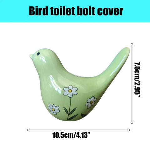 Heckin Cute Green Bird Toilet Bolt Covers Pair Decorative Ceramic Screw Caps For Bathroom Fixtures angled view with floral design.