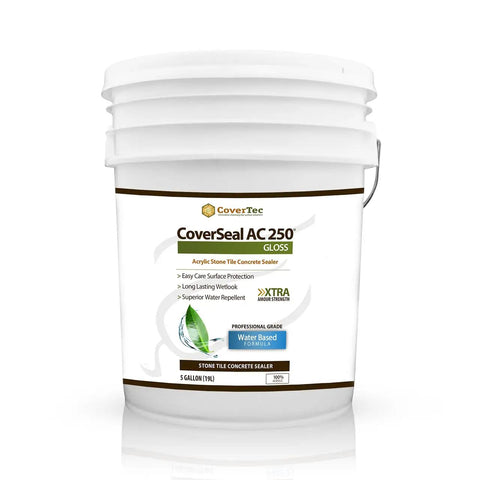Top Shelf Wet Look Concrete And Stone Sealer For Tile Patios And Driveways With A High Gloss Finish Water Based Formula That Holds Up Like A Tank For DIY Crews And Pro Contractors 5 Gallon bucket of acrylic stone tile concrete sealer.