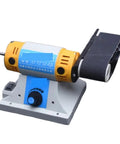 Rock Solid 750 Watt Desktop Belt Sander And Multifunction Engraving Machine With Stepless Speed Control Shop Ready Heavy Duty Table Grinder in close-up view showcasing the belt.
