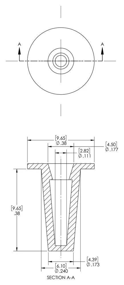Caplugs T-0 T Series tapered plastic cap and plug, red LD-PE; top view and cross-section.