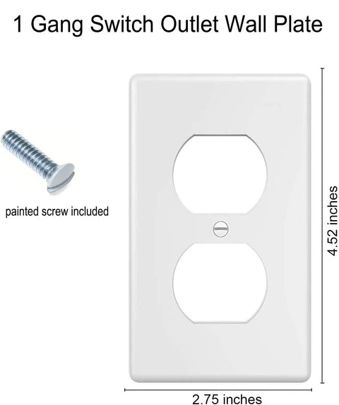 Durable Duplex Wall Plate 1-Gang Switch And Outlet Cover in White with screw, unbreakable thermoplastic faceplate dimensions shown