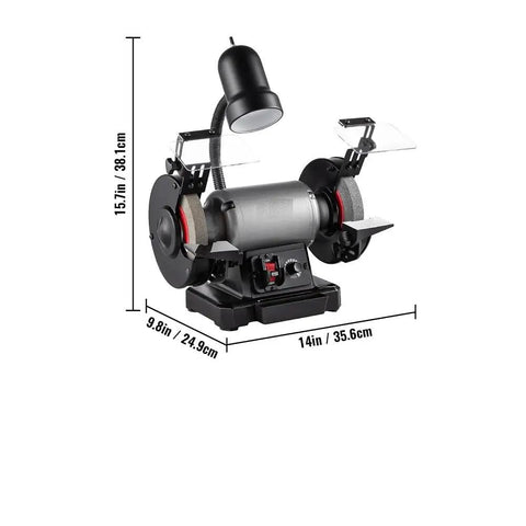 Heavy Duty Bench Top Grinder With Smooth Variable Speed Control And 6 Inch Dual Wheels Fueled By A Pure Copper Motor, dimensions shown.