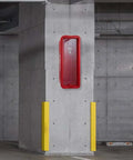 Rock Solid Red Fire Extinguisher Cabinet For 5 Lb Boxes Outdoor Surface Mount on concrete wall between yellow safety posts.
