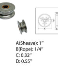 Beefy Marine 1 Inch Wire Pulley With Brass Bushing And One Quarter Inch Rope, Stainless Steel T304 Sheave, dimension chart