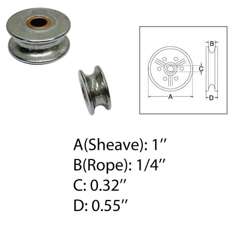 Beefy Marine 1 Inch Wire Pulley With Brass Bushing And One Quarter Inch Rope, Stainless Steel T304 Sheave, dimension chart