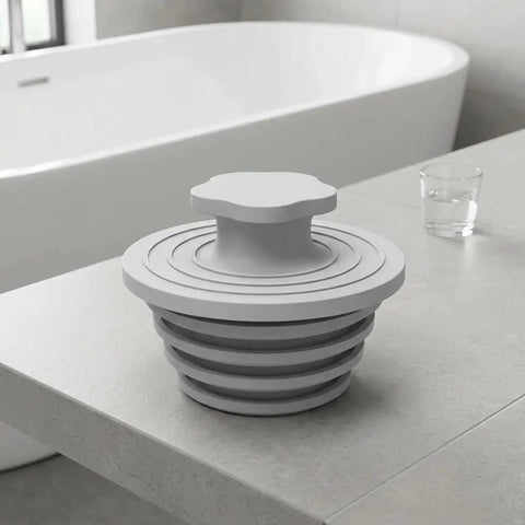 Happyyami Silicone Bathtub Drain 2 Pack Universal Gray Plug for 1.5-2 Inch on a bathroom countertop next to a clear glass.