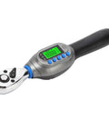 Hot Digital Torque Wrench 3/8 Inch Electric Tool, Accurate Chrome Steel With Light Blue Backlit Display, ±2% Precision For Motorcycle And Bike Repair, Tightening Bolts With Ease, displayed from side angle.