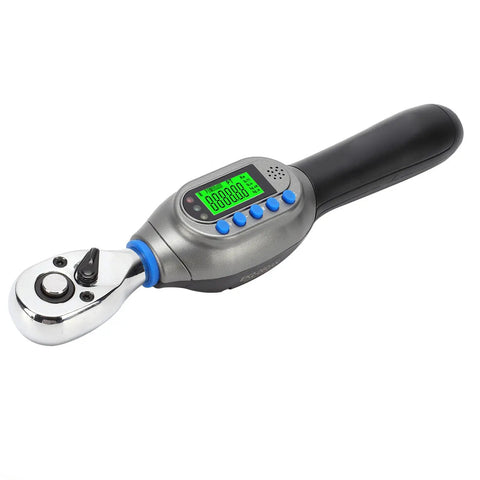 Hot Digital Torque Wrench 3/8 Inch Electric Tool, Accurate Chrome Steel With Light Blue Backlit Display, ±2% Precision For Motorcycle And Bike Repair, Tightening Bolts With Ease, displayed from side angle.