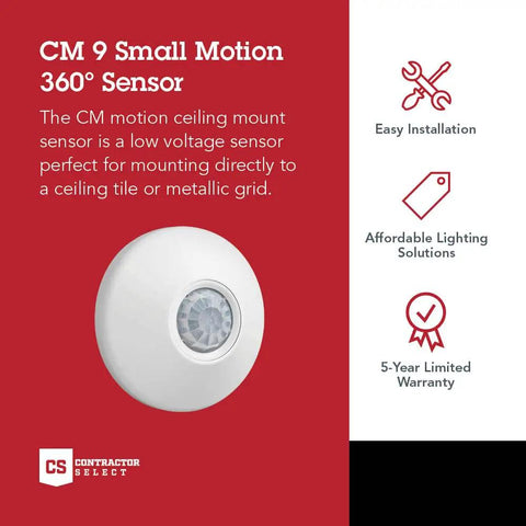 CM 9 small motion sensor, ceiling mount, low voltage, 360° coverage, easy install info, for open offices and classrooms, PIR occupancy