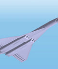Tu-144 Supersonic Jet Building Kit With Optional Canards And Droop Snoot Includes Display Stand And Aeroflot Decals For Two Aircraft 1/144 Scale Perfect For Builders And Aviation Gearheads, showing side profile on blue background.