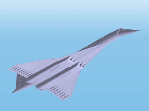 Tu-144 Supersonic Jet Building Kit With Optional Canards And Droop Snoot Includes Display Stand And Aeroflot Decals For Two Aircraft 1/144 Scale Perfect For Builders And Aviation Gearheads, showing side profile on blue background.