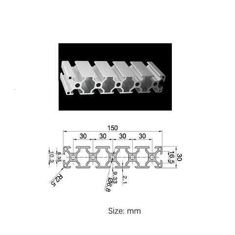 Tough As Nails T Slot Aluminum Extrusion Profile Smooth Anodized Silver Linear Guide Rail with dimensions, 30x150x1800 mm.