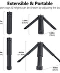 Pocket Sized 2 In 1 Mini Tripod Desk Stand And Handheld Grip, Ultra Lightweight 2 Oz, showing extensible heights and dimensions.