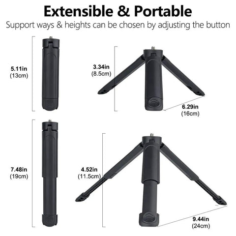 Pocket Sized 2 In 1 Mini Tripod Desk Stand And Handheld Grip, Ultra Lightweight 2 Oz, showing extensible heights and dimensions.