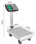 Hardcore Heavy Duty Waterproof Digital Floor Scale 300kg 660lb Foldable Workhorse Platform For Luggage Shipping Shop Weighing With Tare Rechargeable Battery side view with measurements.