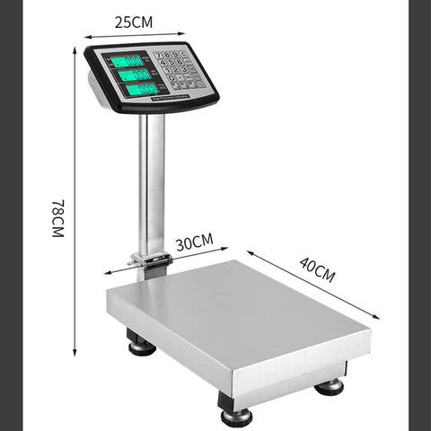 Hardcore Heavy Duty Waterproof Digital Floor Scale 300kg 660lb Foldable Workhorse Platform For Luggage Shipping Shop Weighing With Tare Rechargeable Battery side view with measurements.
