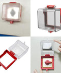 Transparent Flip Style Push Button Switch Cover For Electrical Outlets Protects Emergency Stop Guard Case Made From Durable PC Material With Quick Access Shield For Safe Button Operation, showing cover open and closed views