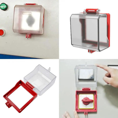 Transparent Flip Style Push Button Switch Cover For Electrical Outlets Protects Emergency Stop Guard Case Made From Durable PC Material With Quick Access Shield For Safe Button Operation, showing cover open and closed views