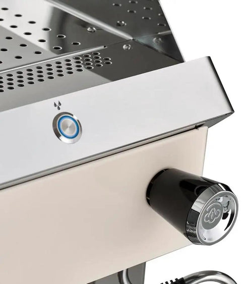 Close-up of Volumetric Two Group Espresso Machine With Digital Display And Programmable Dosing White Finish For Coffee Shops Hotels