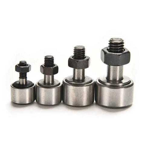 Heavy Duty CF8 KR19 Steel Cam Follower Bolt Type Needle Roller Bearing 4 Pack showing different sizes with male threads.