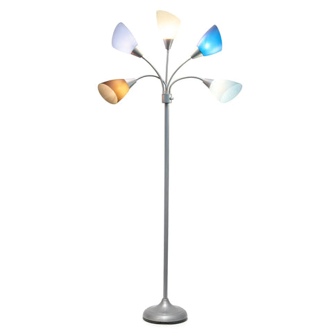 Five-Head Medusa Floor Lamp With Adjustable Goosenecks, Silver Base, Blue White Gray Shades, Dope Modern Lighting For Kids Bedroom, Playroom, Living Room Or Office, 67 Inch Tall