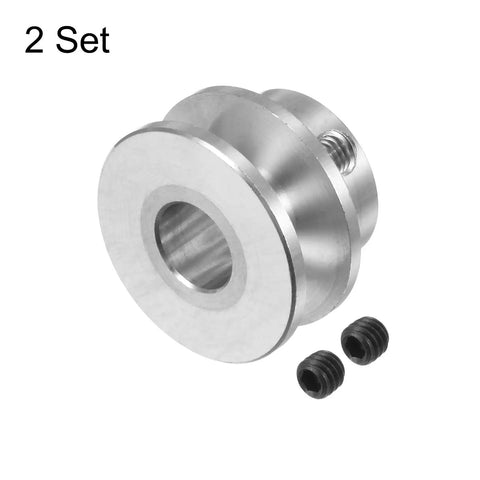 Heavy Duty Aluminum V Type Pulley Single Groove With Rock Solid 8mm Bore And Smooth 22mm Outer Diameter Plug And Play Ready For 3 To 5mm PU Round Belts On Motor Shafts 2 Pack set with a close-up view.