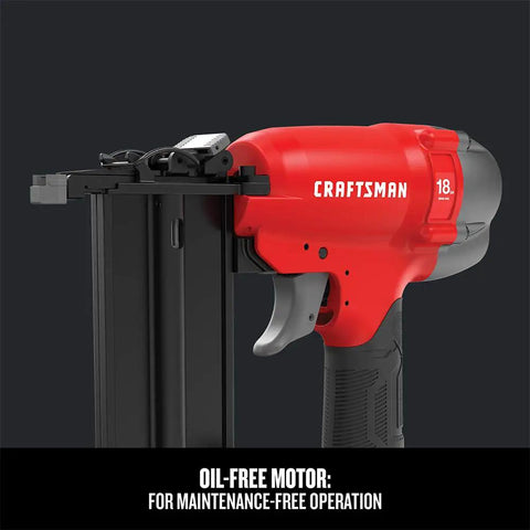 Close-up of 18 Gauge Brad Nailer Pneumatic Nail Gun With Oil-Free Motor, Pro Grade Performance, side view showing nail slot.