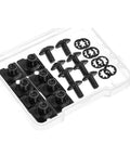 Get This Super Cool Set Of 25 Football Backplate Screws Perfect For Quick Repairs With Anti Loosening Design Nuts And Internal Locking Bushings Included In A Handy Storage Box For Any Athlete Needing Durable Gear Upgrades. Black football backplate repair kit with 10-32 screws, nuts, and locking bushings in a plastic case