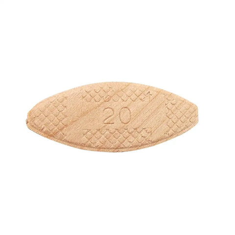 Close-up of a single size 20 wood biscuit joiner biscuit from two resealable tubes of standard size 20 wood biscuit joiner biscuits