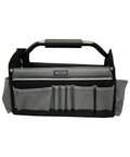 15 Inch Collapsible Tool Tote Bag With 14 Exterior Pockets, Foam Padded Handle, Interior Webbed Loops, And Tubular Steel Frame For Easy Carry In Grey And Black Worksite Organizer
