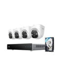 Powerful PoE NVR Security System With 4K Turret Cameras, 16 Channel Expansion, 2TB HDD, displayed with four cameras and hard drive