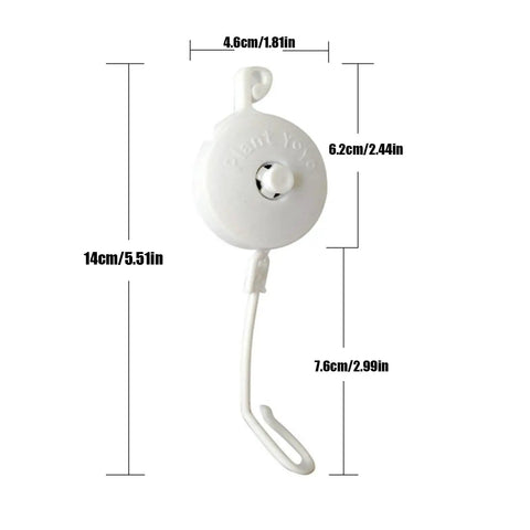 10 Piece Plant Hanger Set With Transparent Rope Adjustable Auto Tension Grow Supports For Tomatoes And Vining Plants Hydroponic Friendly No Fuss Height Control Durable Indoor Outdoor Garden Tool showing white plastic hook dimensions.