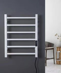 6 Bar Electric Towel Warmer Rack Wall Mount Plug In Bath Towel Heater Black Finish Timed Heating in modern bathroom.