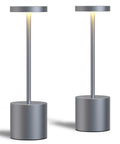 Two grey cordless table lamps with 5000mAh battery, rechargeable LED light, stepless dimming for home and outdoor use, side view.