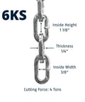 Beefy Hardened Steel 6KS Square Security Chain detail showing measurements for height, width, and thickness, corrosion-resistant.